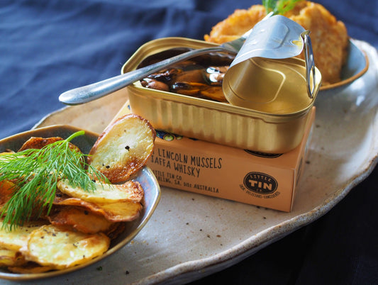 Port Lincoln Mussels with Homemade Crisps and Hash Browns.